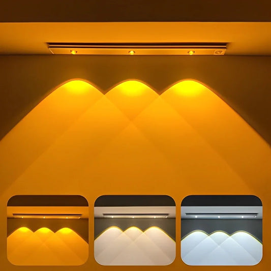 Three light fixtures with different color temperature settings on a yellow background