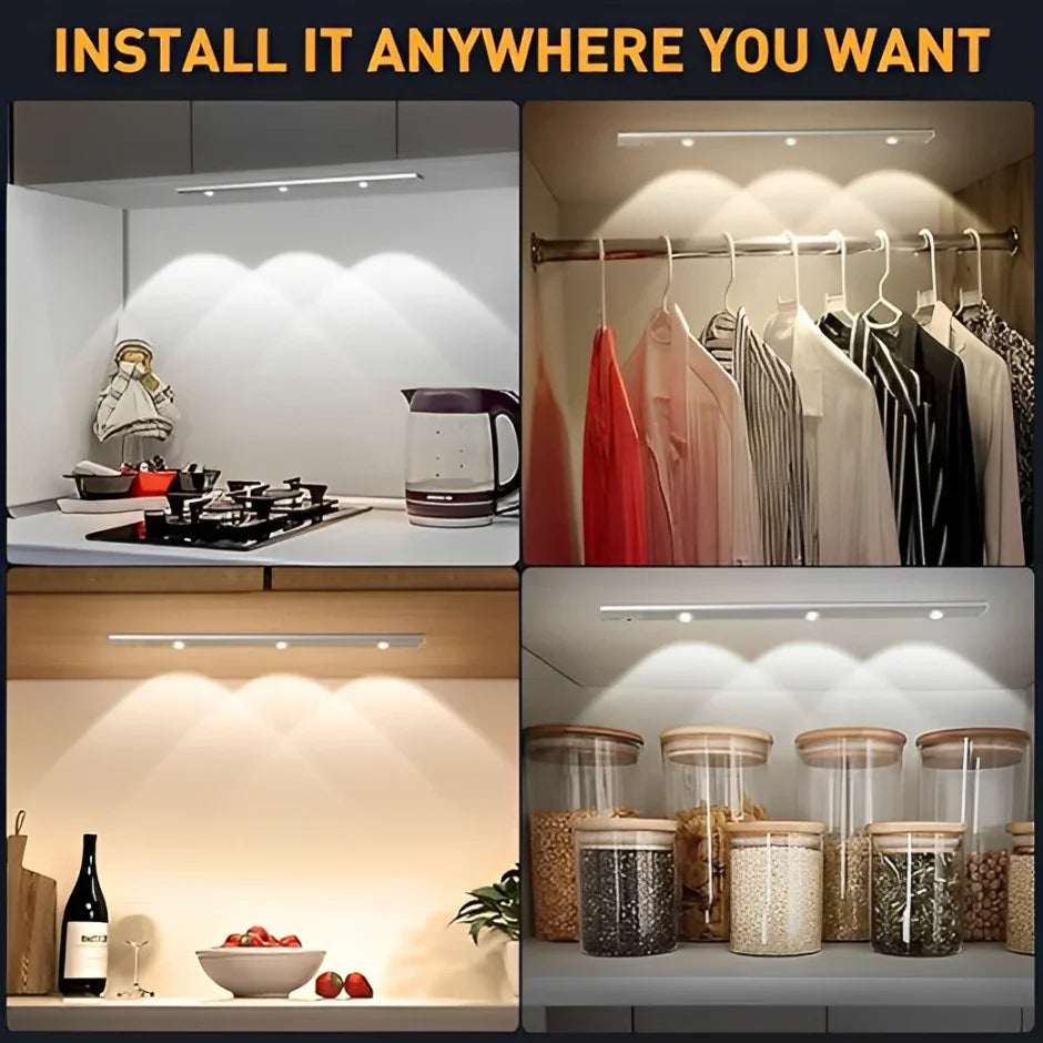 Collage of LED strip lights in various settings including a kitchen, wardrobe, and shelves.