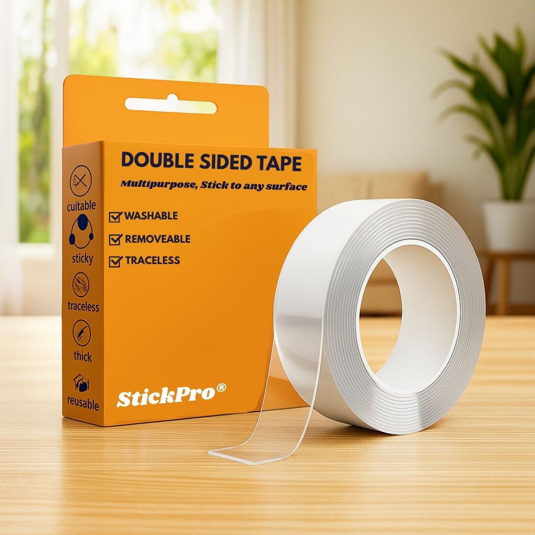 Roll of double-sided tape with StickPro packaging on a wooden surface